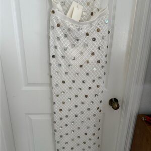 Peppermayo Two Piece Set: White Mesh Maxi Skirt with Metallic Sequins & Top NEW